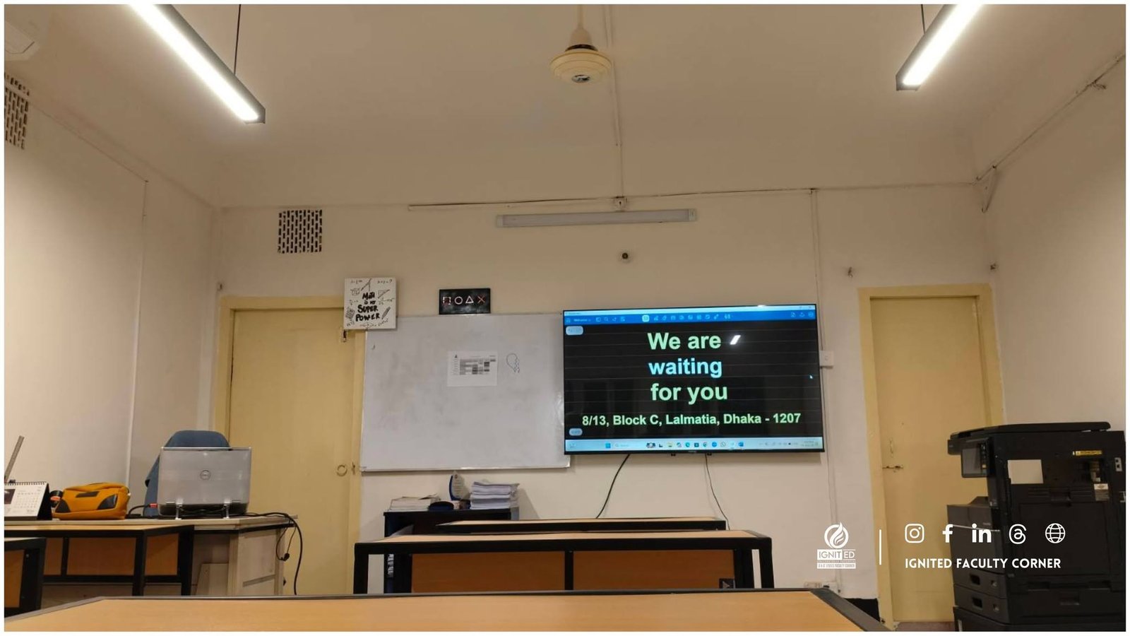 The new MathBridge classroom setup at IgnitED Faculty Corner in Lalmatia, Dhaka, ready for students.