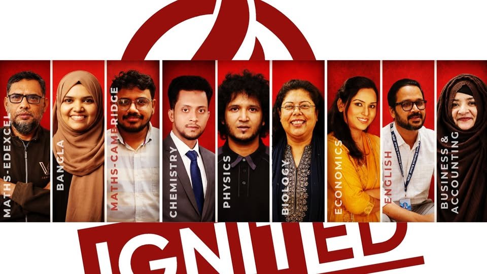 Portrait strip of nine IgnitED faculty members, labelled by subject — Maths (Edexcel), Bangla, Maths (Cambridge), Chemistry, Physics, Biology, Economics, English, and Business & Accounting — under the IgnitED logo