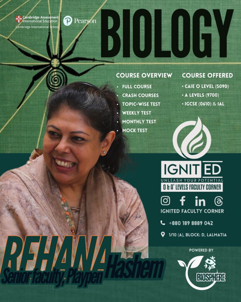Biology course poster featuring Rehana Hashem, senior biology teacher at Playpen.