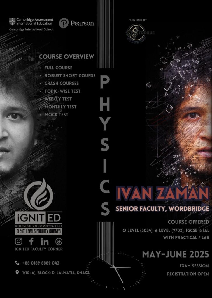 Physics course poster featuring Ivan Zaman, senior faculty from Wordbridge School.